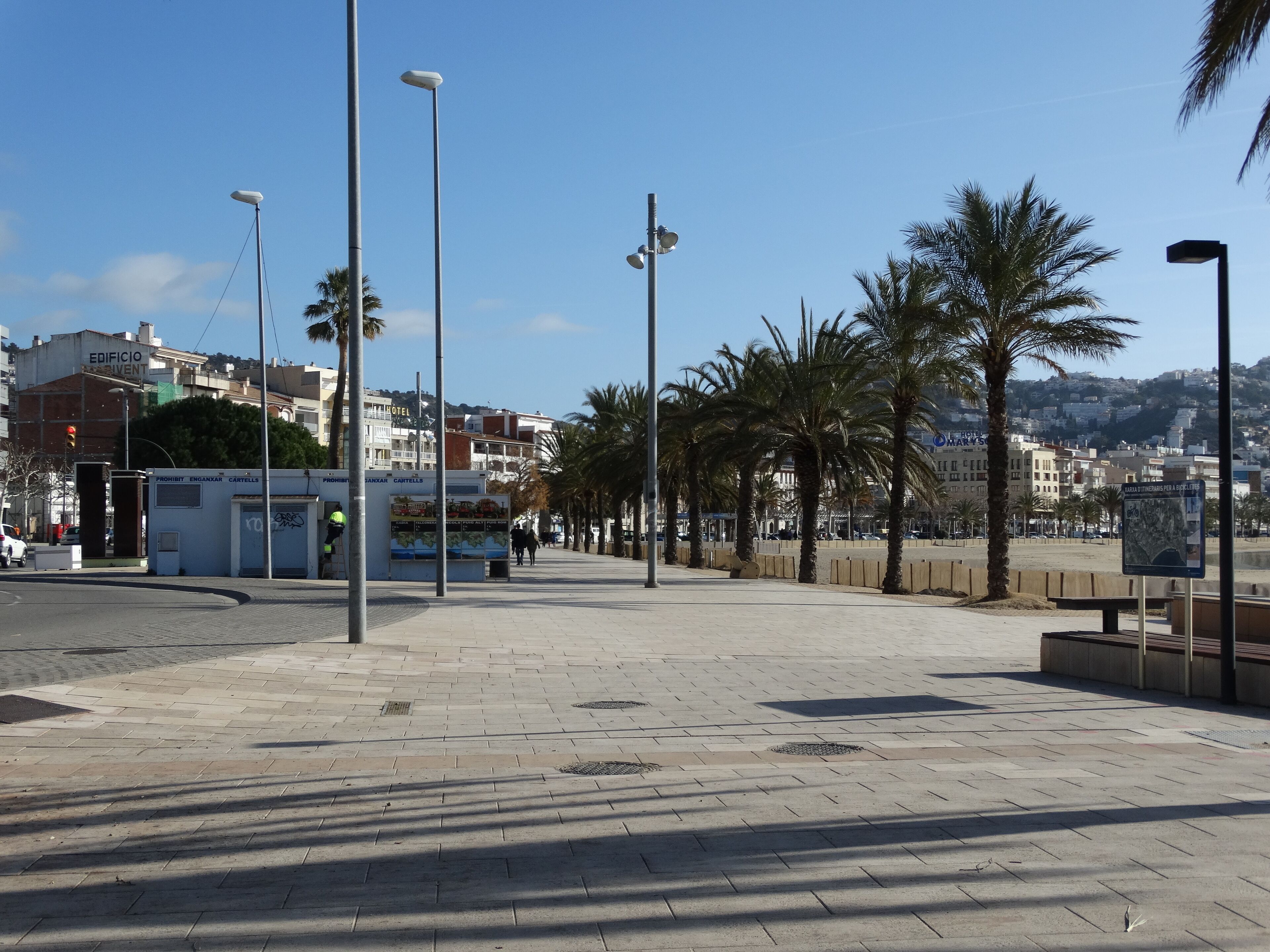 A paved promenade with street lamps, palm trees, and a view of buildings in the background.