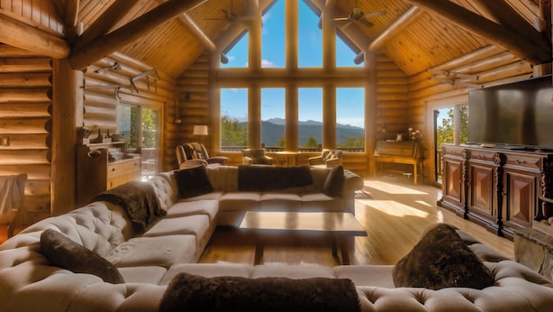 A log cabin interior with a large sofa, a dining area, and a kitchen.