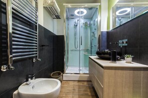 Shower, hair dryer, bidet, towels