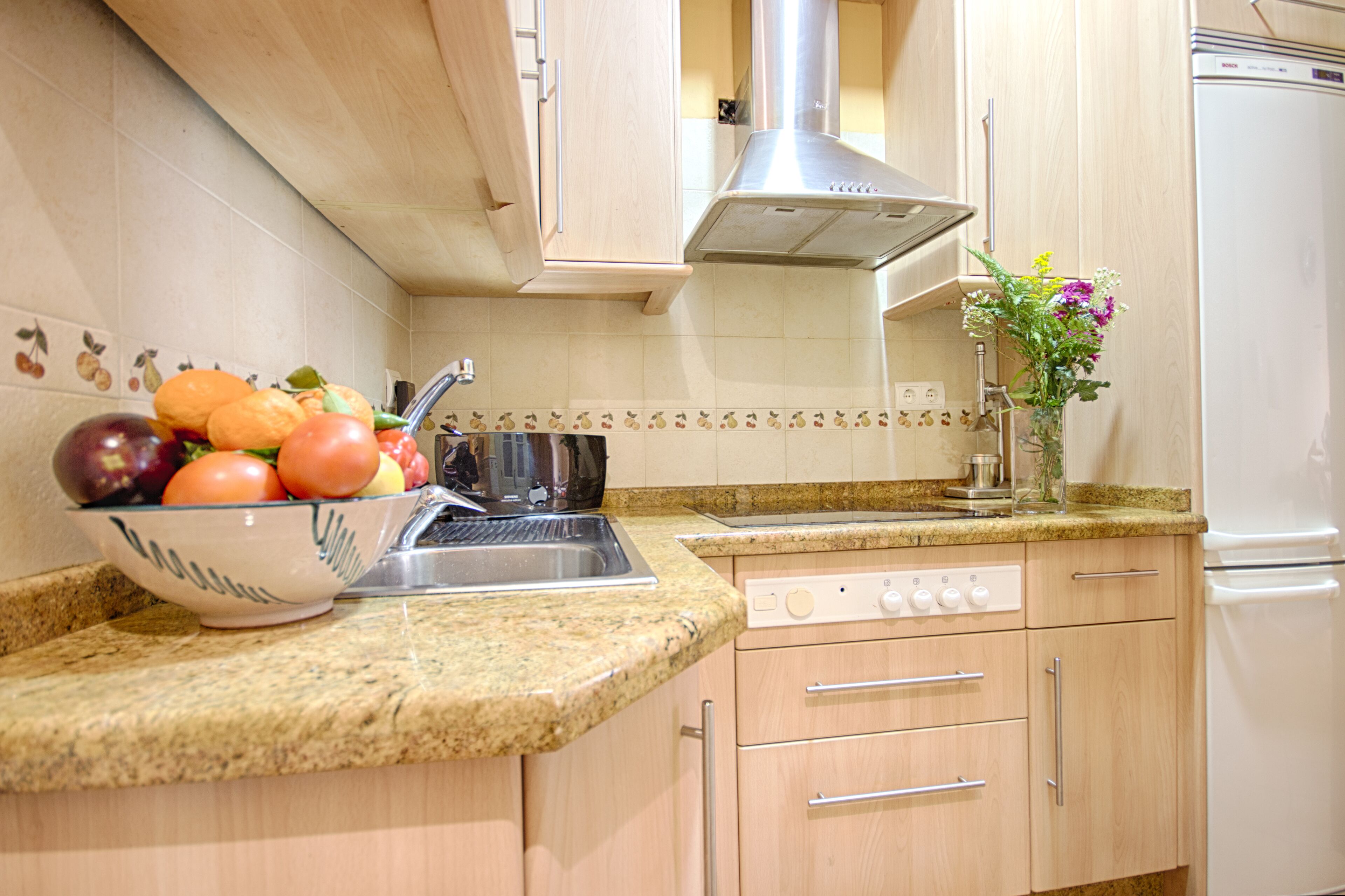 Frigorífico, microondas, horno y placa de cocina