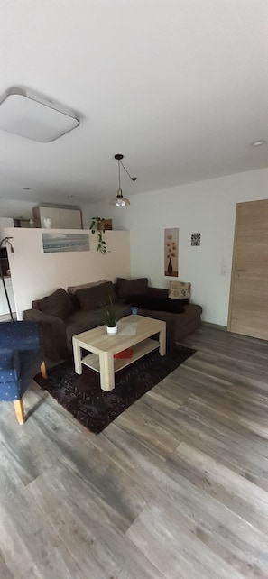 TV, fireplace, books - "Moor & Meer" comfort apartment with terrace, garden, wheelchair accessible, dog welcome (Wiesmoor)