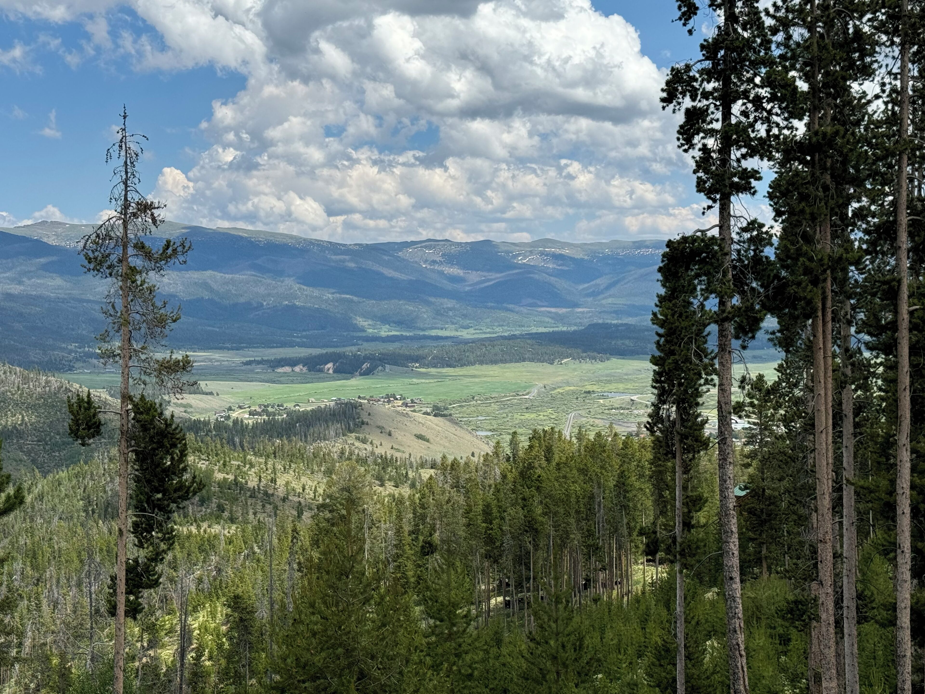 Un paysage montagneux, avec de vastes forêts et un ciel dégagé.