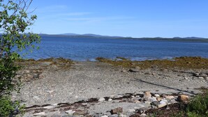 A rocky shoreline with clear blue water and distant mountains.