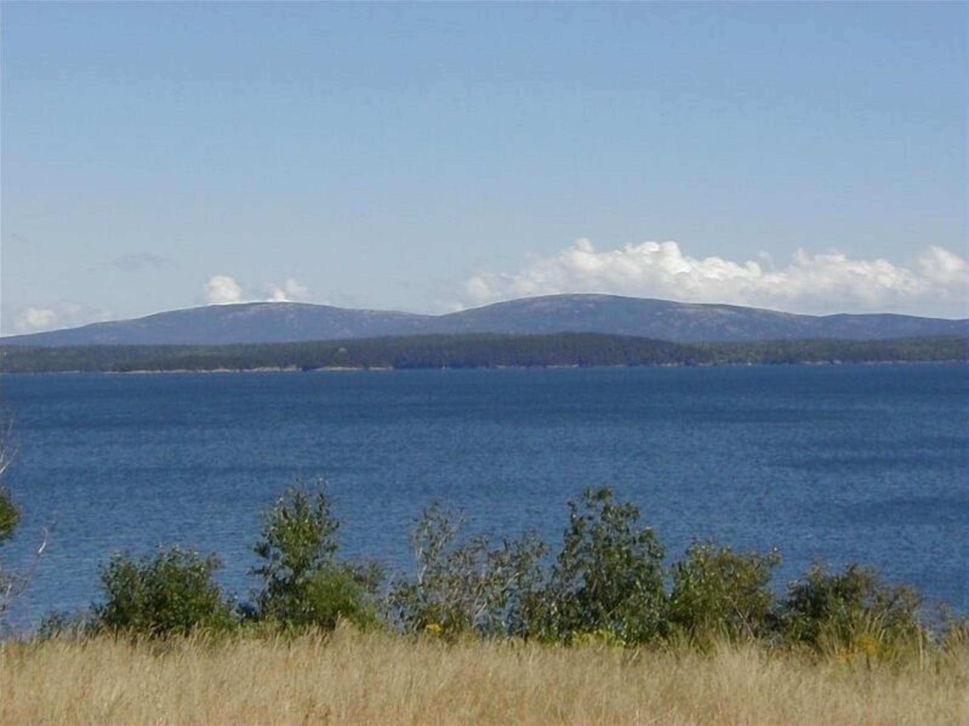 Vista di un lago con montagne sullo sfondo e un prato in primo piano.
