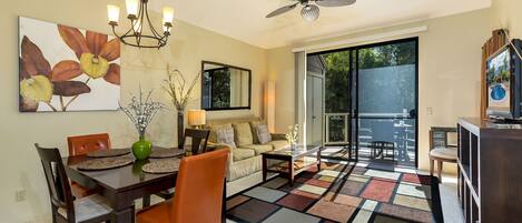 Smart TV, DVD player, books, stereo