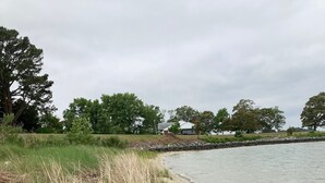 A beach with sand and grass, trees in the background, and a cloudy sky.