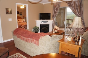 Smart TV, chimenea, reproductor de DVD, libros