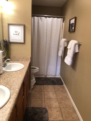 Combined shower/tub, hair dryer, towels, soap
