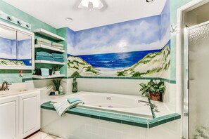 Shower, jetted bath, hair dryer, towels