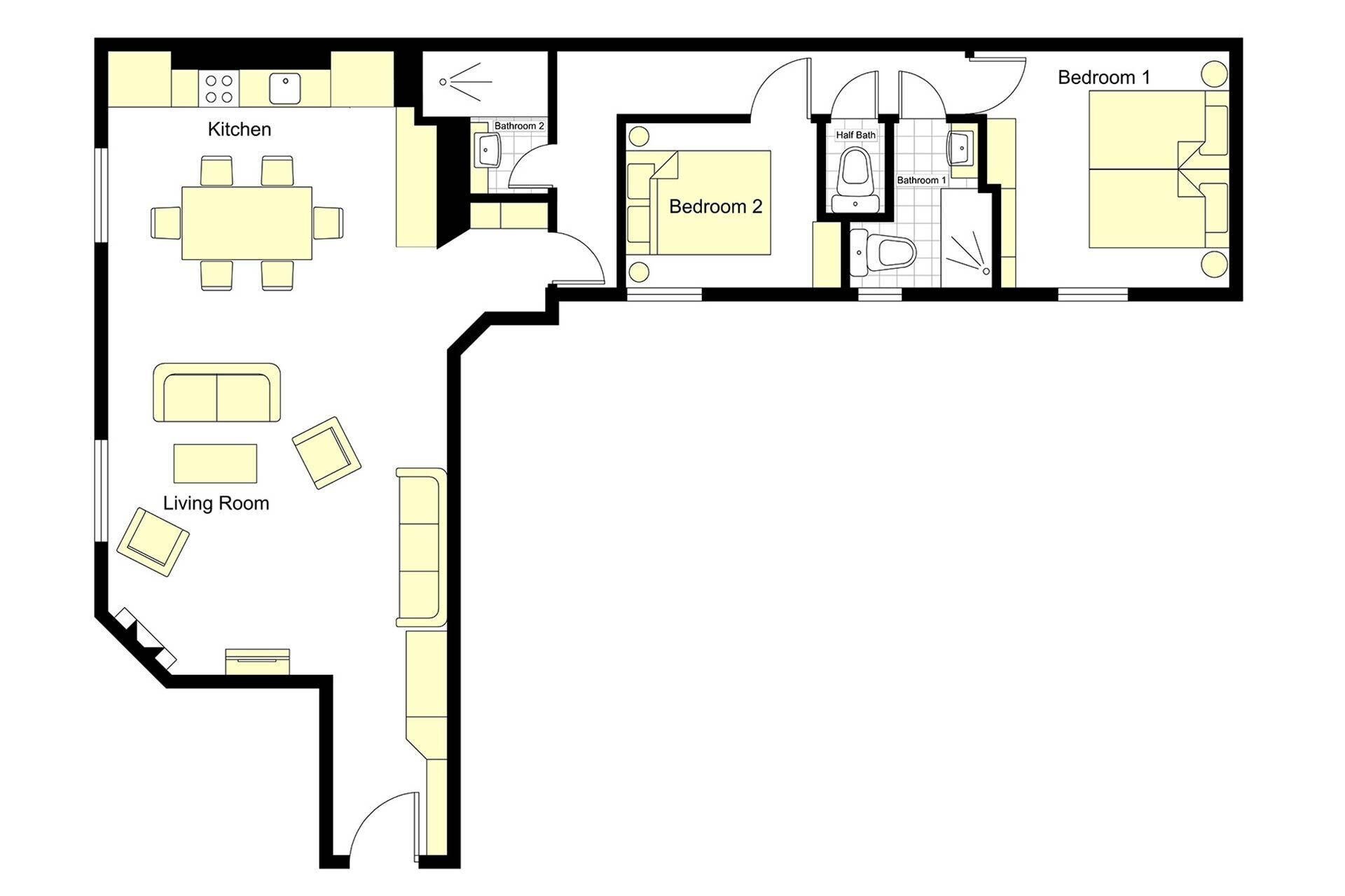 Planta baixa com cozinha, dois quartos, dois banheiros e sala de estar.