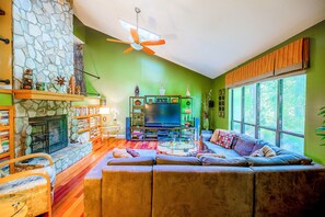 Smart TV, fireplace, DVD player, books