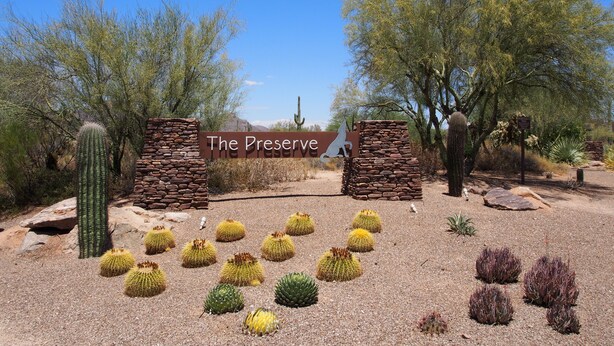 Paesaggio desertico con un cartello che indica "The Preserve" e diverse piante grasse e vegetazione tipica del deserto.