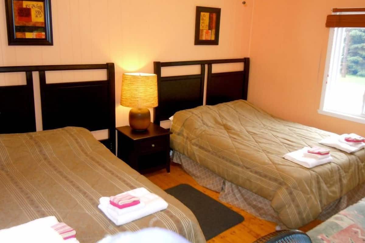 Ein Hotelzimmer mit zwei Betten, einem Nachttisch mit Lampe und einem Fenster mit Blick ins Grüne.