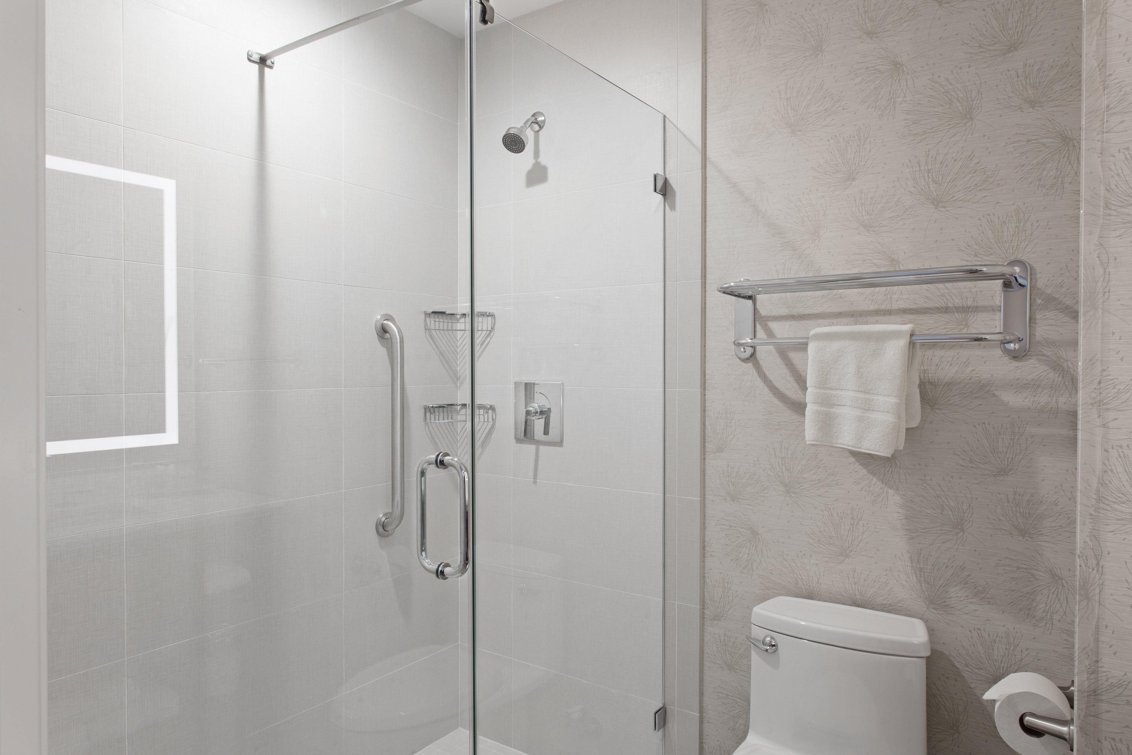 A modern bathroom with a glass shower enclosure, a toilet, and a towel rack.