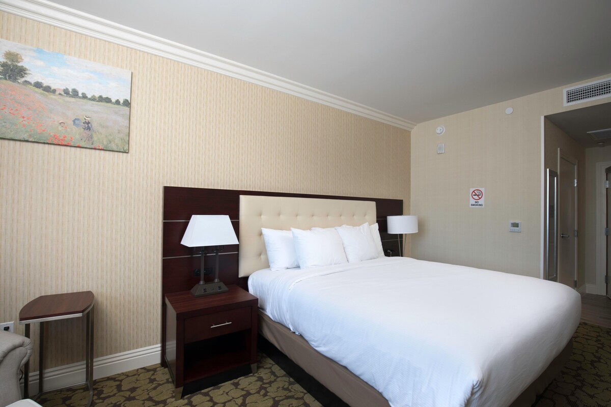 Premium bedding, desk, blackout curtains, iron/ironing board