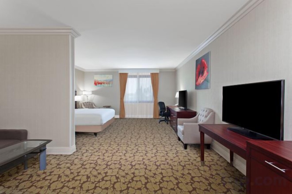 A hotel room with a bed, desk, television, and a view of the hotel lobby.