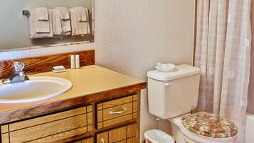 Combined shower/bathtub, hair dryer, towels