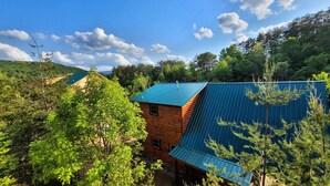 A cabin with a sloped roof, surrounded by dense forest and hills.