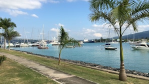 A marina with boats docked, a clear sky, and palm trees.