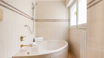 Combined shower/bathtub, hair dryer, bidet, towels