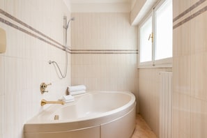 Combined shower/tub, hair dryer, bidet, towels
