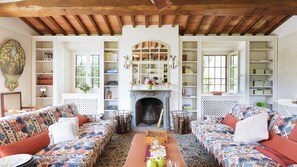 Fireplace, DVD player, books, stereo