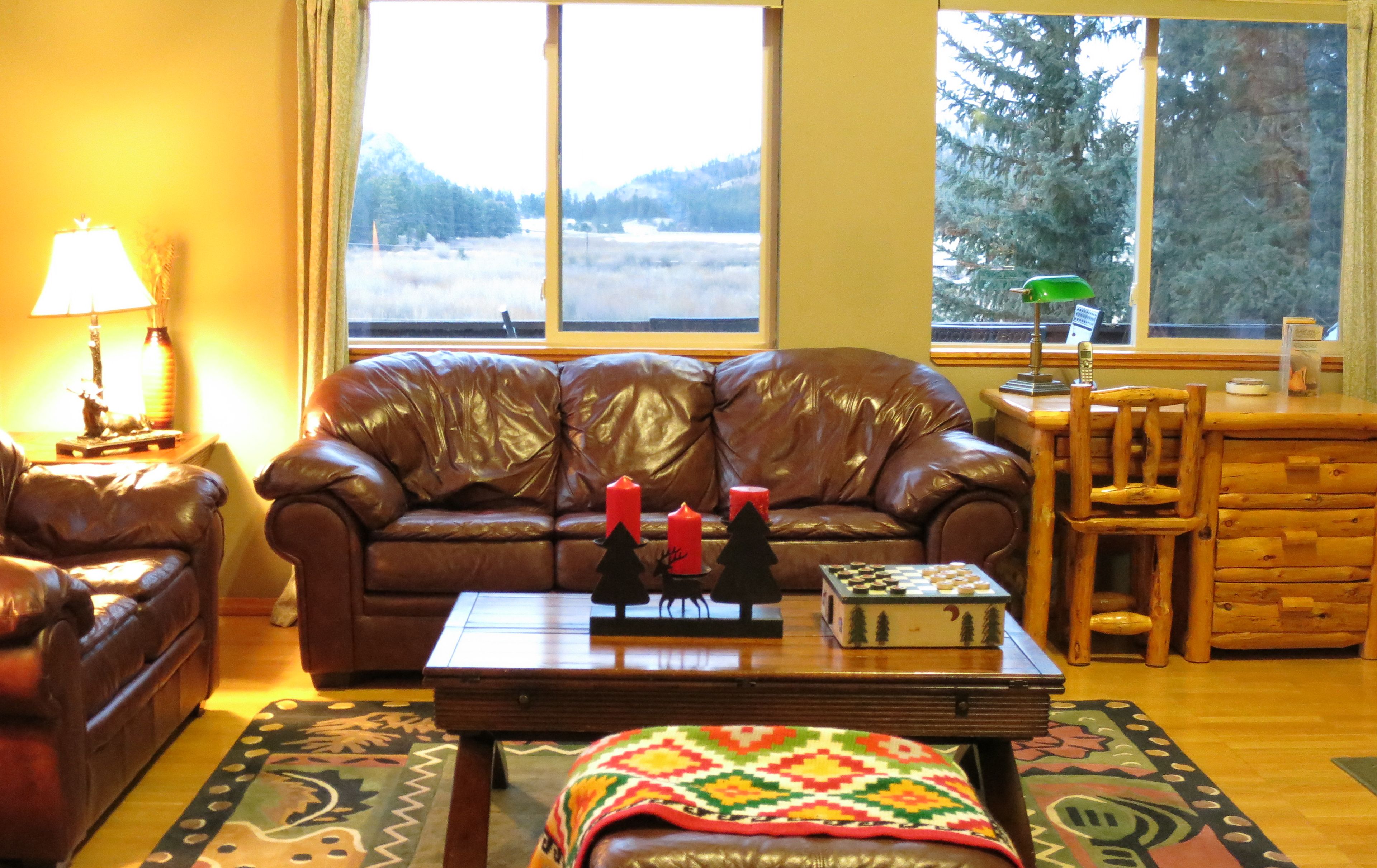 A living room with a brown leather sofa, a wooden coffee table, and a patterned rug.