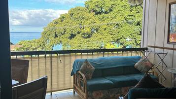 Ein Balkon mit einer Couch und Stühlen, einem Deckenventilator und Blick auf einen Baum und Wasser.