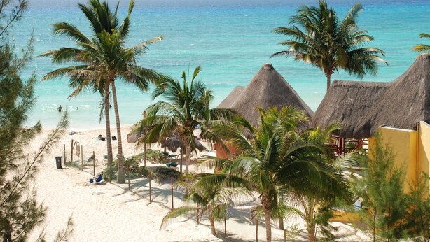A beach with thatched-roof huts, palm trees, and a clear view of the ocean. - Fab Condo - 14 Steps to Beach, with Panoramic Roof View (Playa del Carmen)