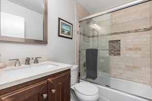 Combined shower/tub, hair dryer, towels - Lantern District condo. Huge private view deck. All on one level. Walk to harbor (Dana Point)