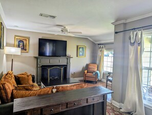 Televisión, chimenea, reproductor de DVD y libros 