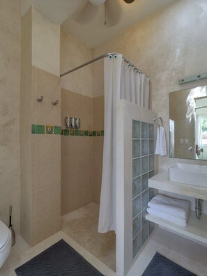 Douche, sèche-cheveux, serviettes fournies, savon