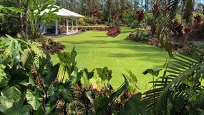 Ein gepflegter Garten mit einem Gazebo, üppigem Grün und blauem Himmel.