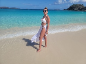 On the beach, sun-loungers, beach towels