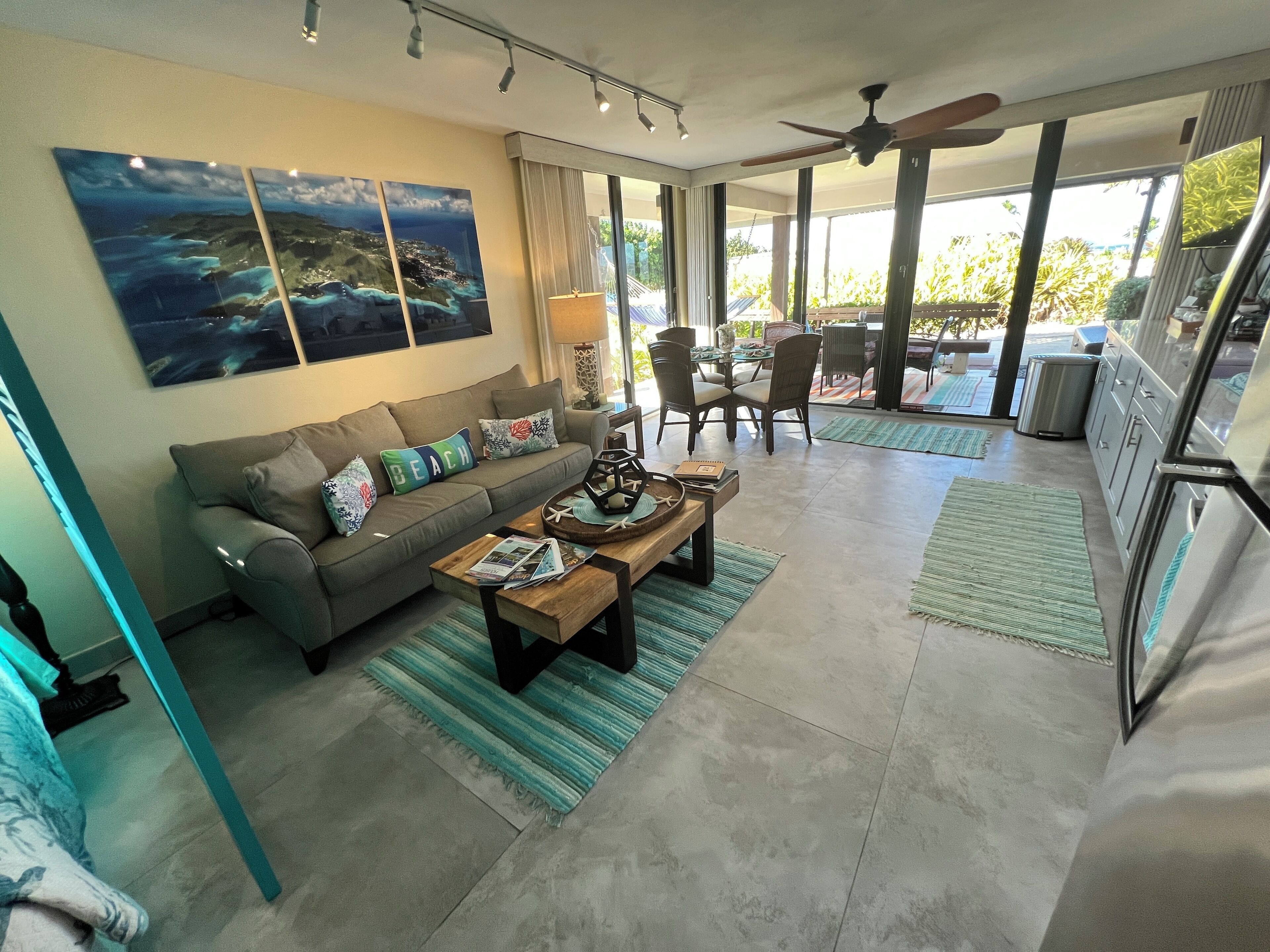 Una Smart TV, un reproductor de DVD, libros, una biblioteca de música