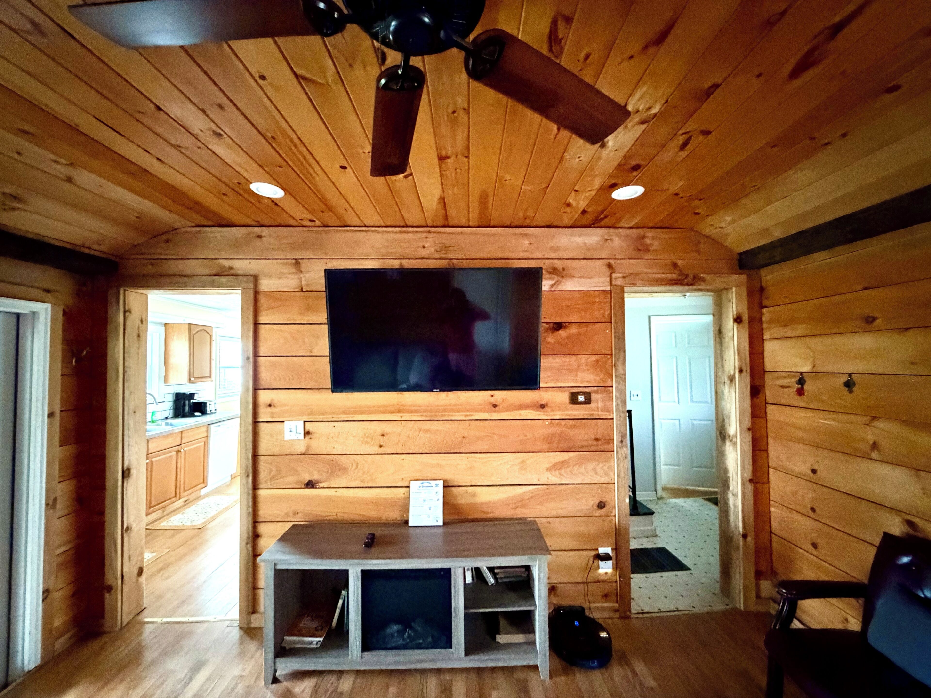 TV, fireplace, books, video library
