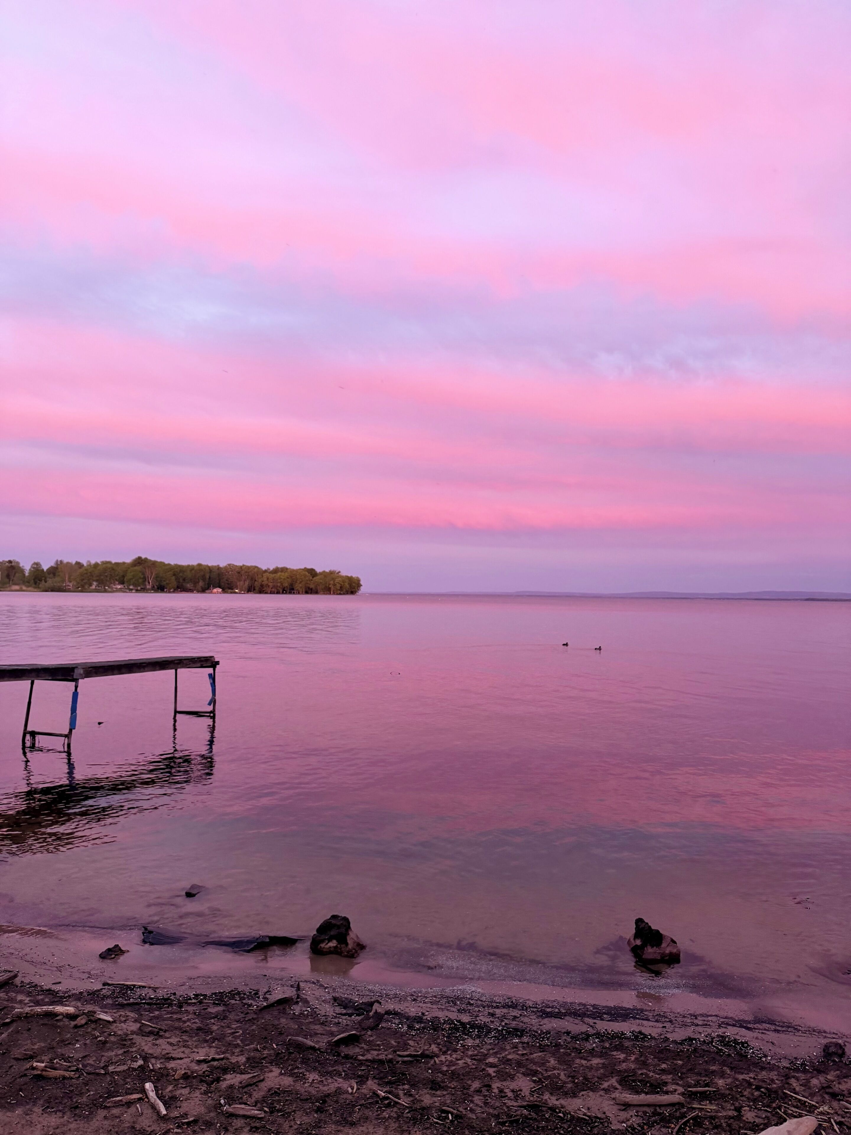 Un lago tranquilo al atardecer con un muelle de madera que se adentra en el agua.