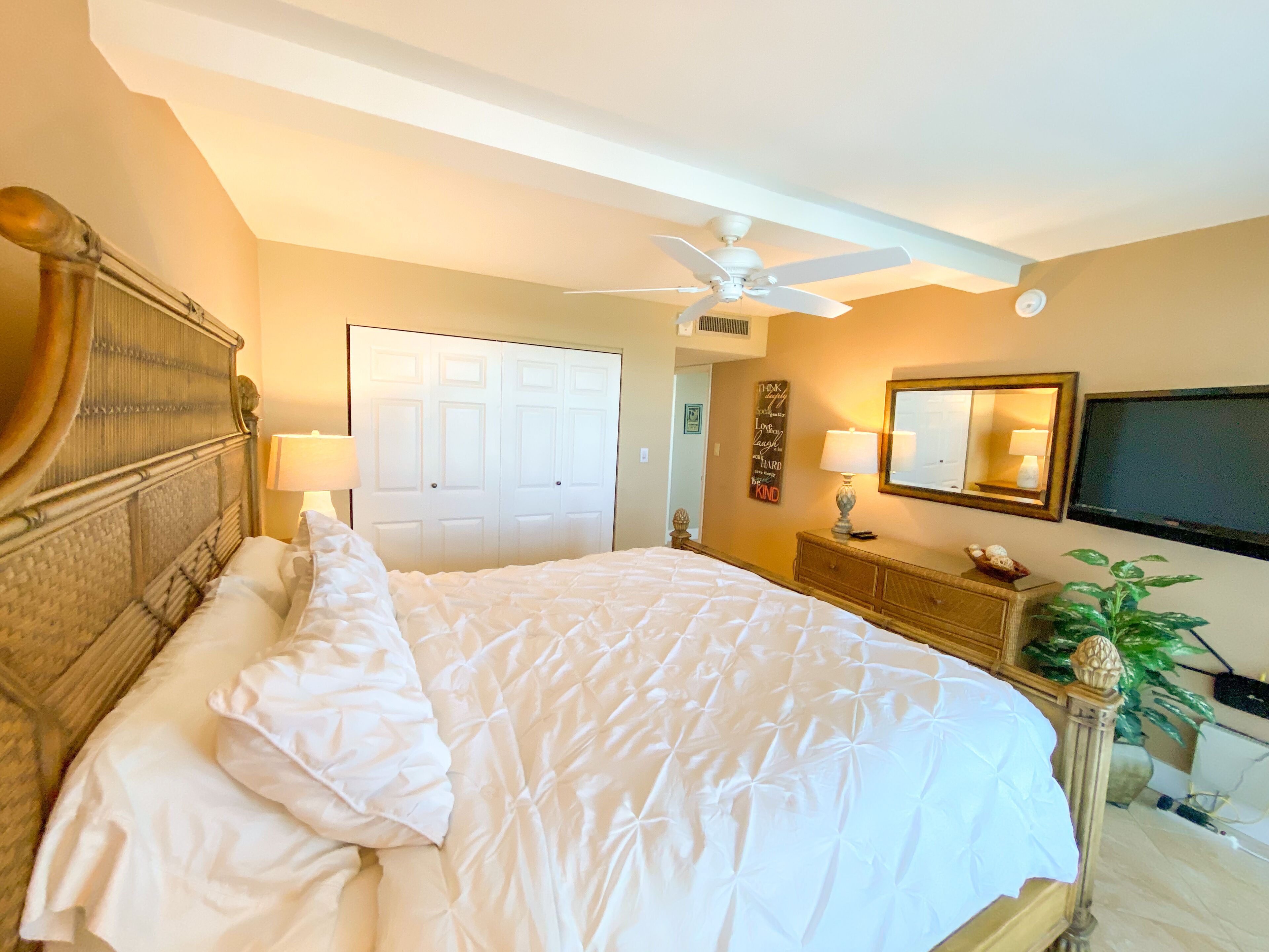 A hotel room with a large bed, a ceiling fan, a TV, a mirror, and a plant.