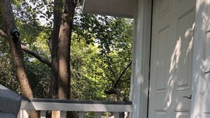 Un porche de madera con una planta en maceta, un felpudo y una puerta blanca.