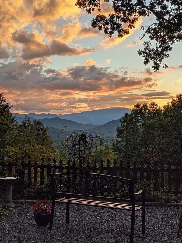 Sit on a bench surrounded by lush greenery and take in the serene views of distant mountains.