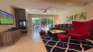 TV connectée, cheminée, lecteur de DVD, livres