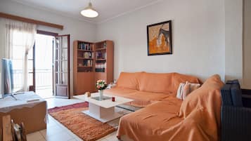 Smart TV, lareira, livros, aparelho de som