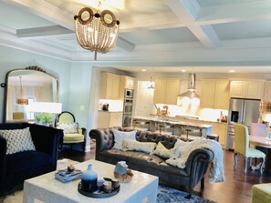 Flat-screen TV, fireplace, video-game console, Netflix