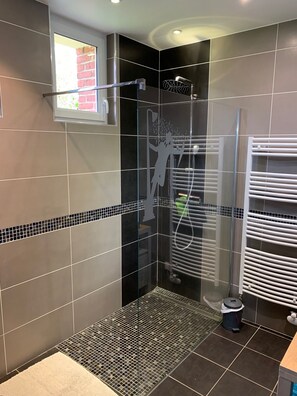 Shower, hair dryer, towels, toilet paper