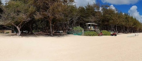 Ligstoelen aan het strand, strandlakens