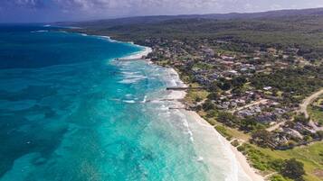 On the beach, sun loungers, beach towels