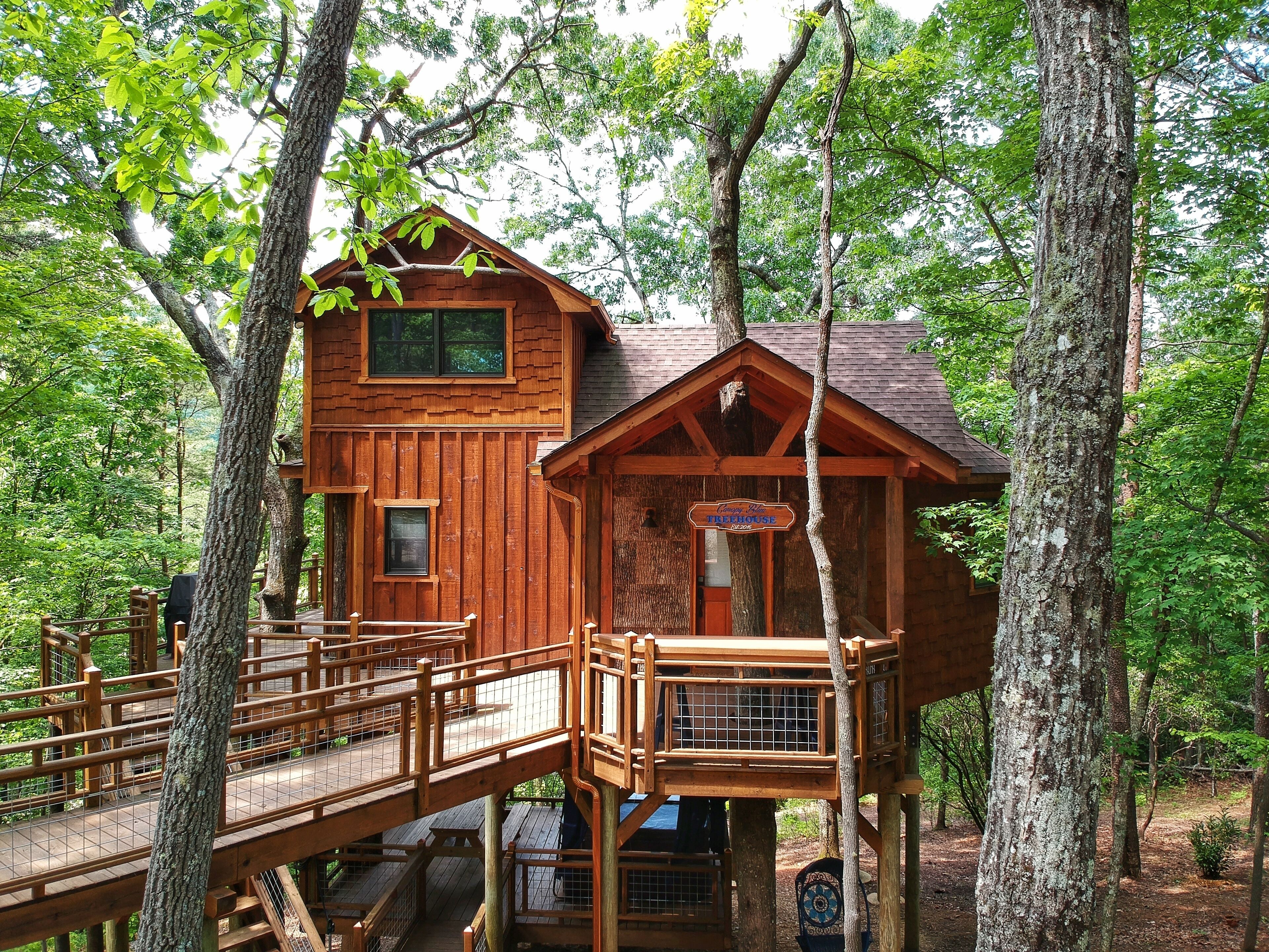 Une cabane en bois perchée dans un arbre, dotée d’une terrasse en bois et d’une pancarte indiquant : « Cabane dans les arbres du terrain de camping ».