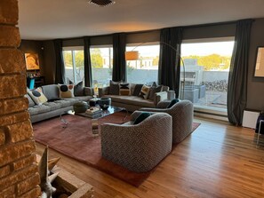 TV connectée, cheminée, livres, chaîne hi-fi