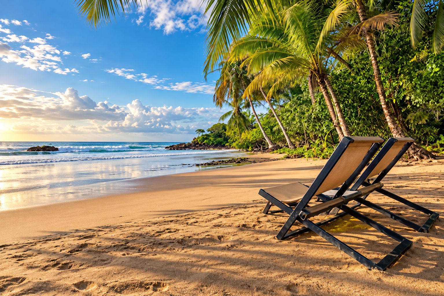 Ein Strand mit Liegestuhl und Palmen.
