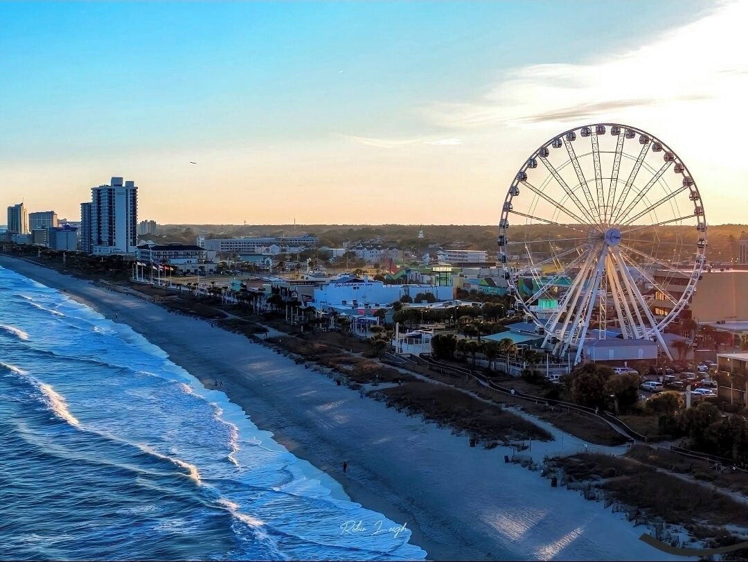 A coastal cityscape with a prominent Ferris wheel, beachfront, and modern buildings.